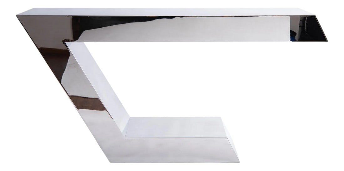 Modern Greg Sheres Style Polished Stainless Steel Console Table: Modern Polished Stainless Steel Console Table Designed by Greg Sheres; Pisa The "Pisa" Console table is a striking scuptural statement. Made entirely out of heavy gauge stainless steel that is hand po