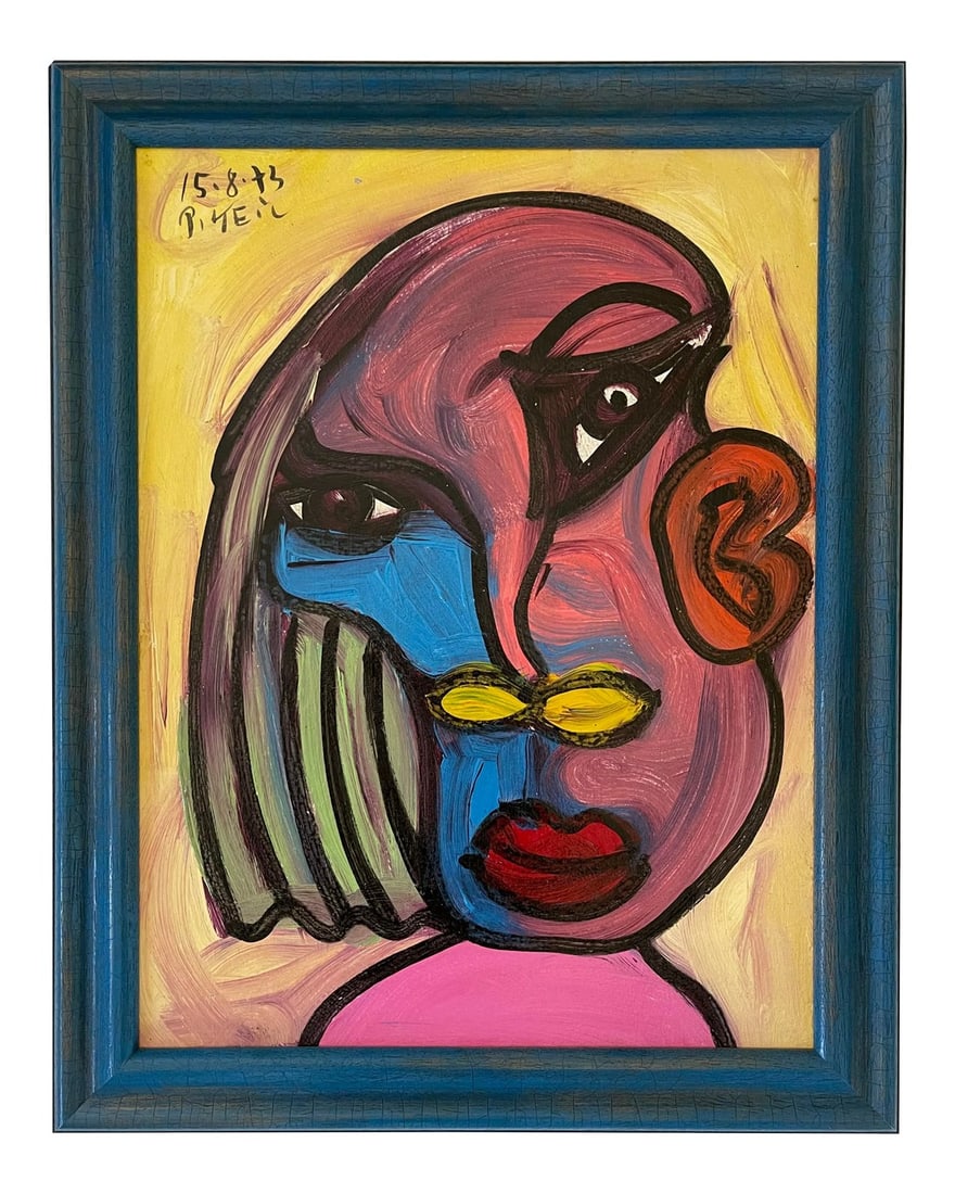 1970s "Lady of Spain" Cubist Style Abstract Face Painting by Peter Keil, Framed: Peter Keil is a German artist that focuses primarily on abstract expressionism. Keil painted with some of the greats including Joan MirÃ³, Pablo Picasso and Andy Warhol, to name a few. This
