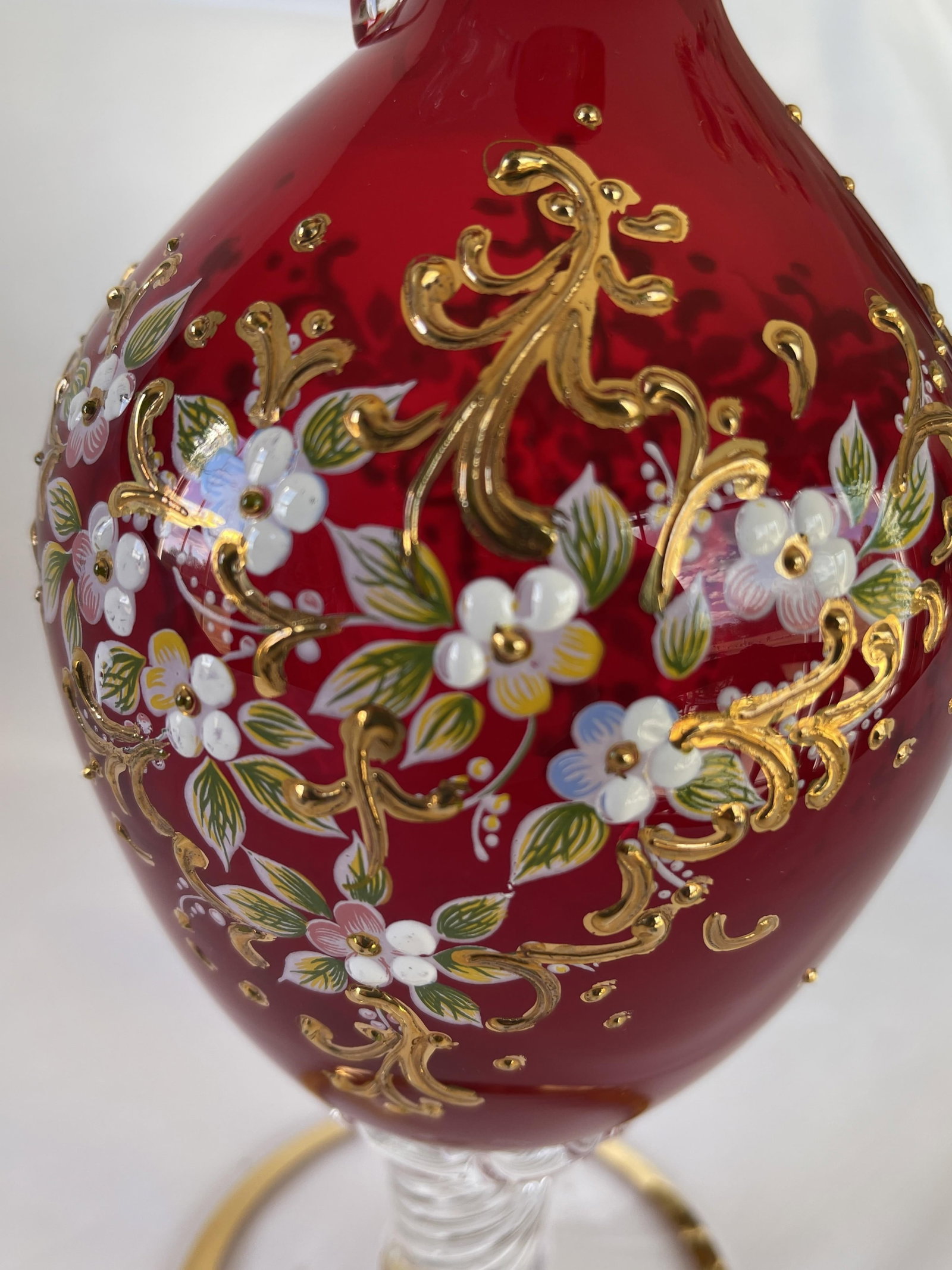 Murano Tre Fuochi Enameled Red & Gold-Hand-Blown Glass Carafe, Decanter - 14