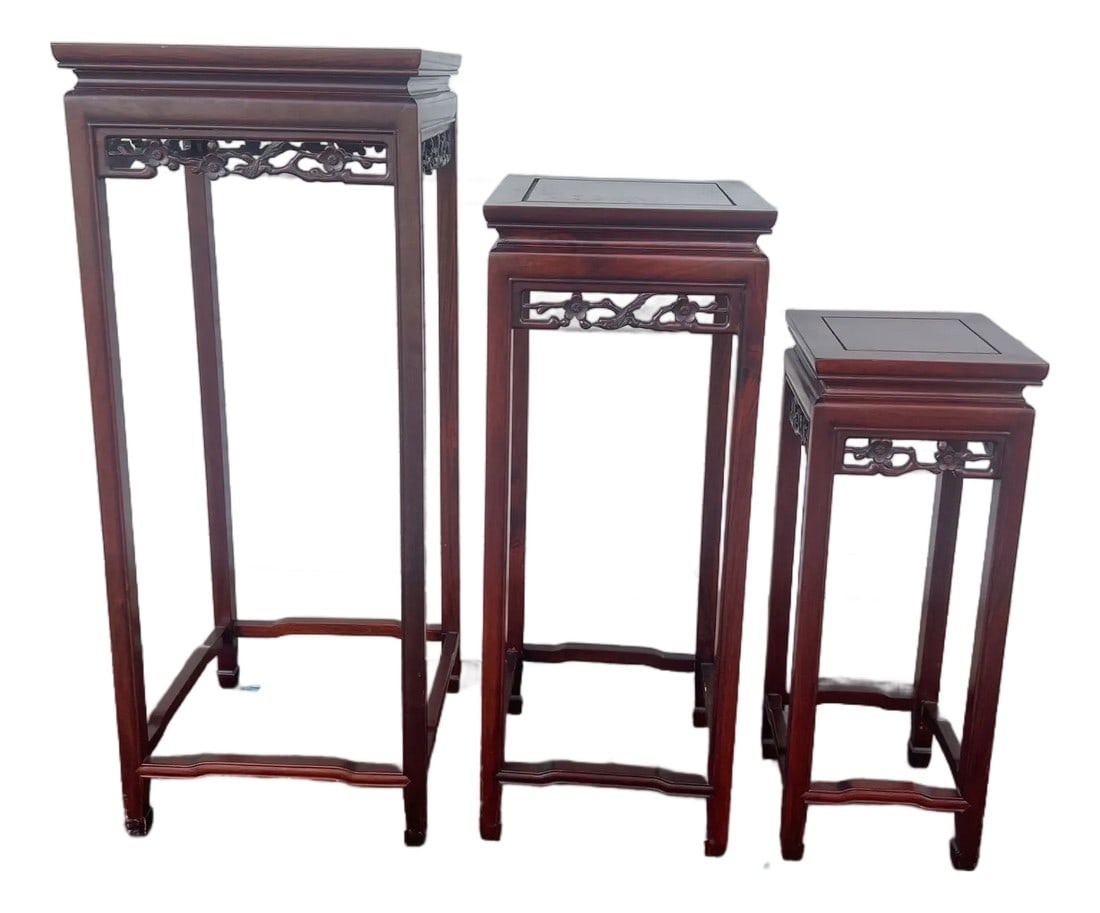 Tall Vintage Chinese Nesting Tables Plant Stand - Set of 3: Vintage Set of Chinese rosewood nesting tables each one having a pierced apron with song birds and cherry blossoms. Exquisite detail of traditional Asian design, characterized by its height and elegan