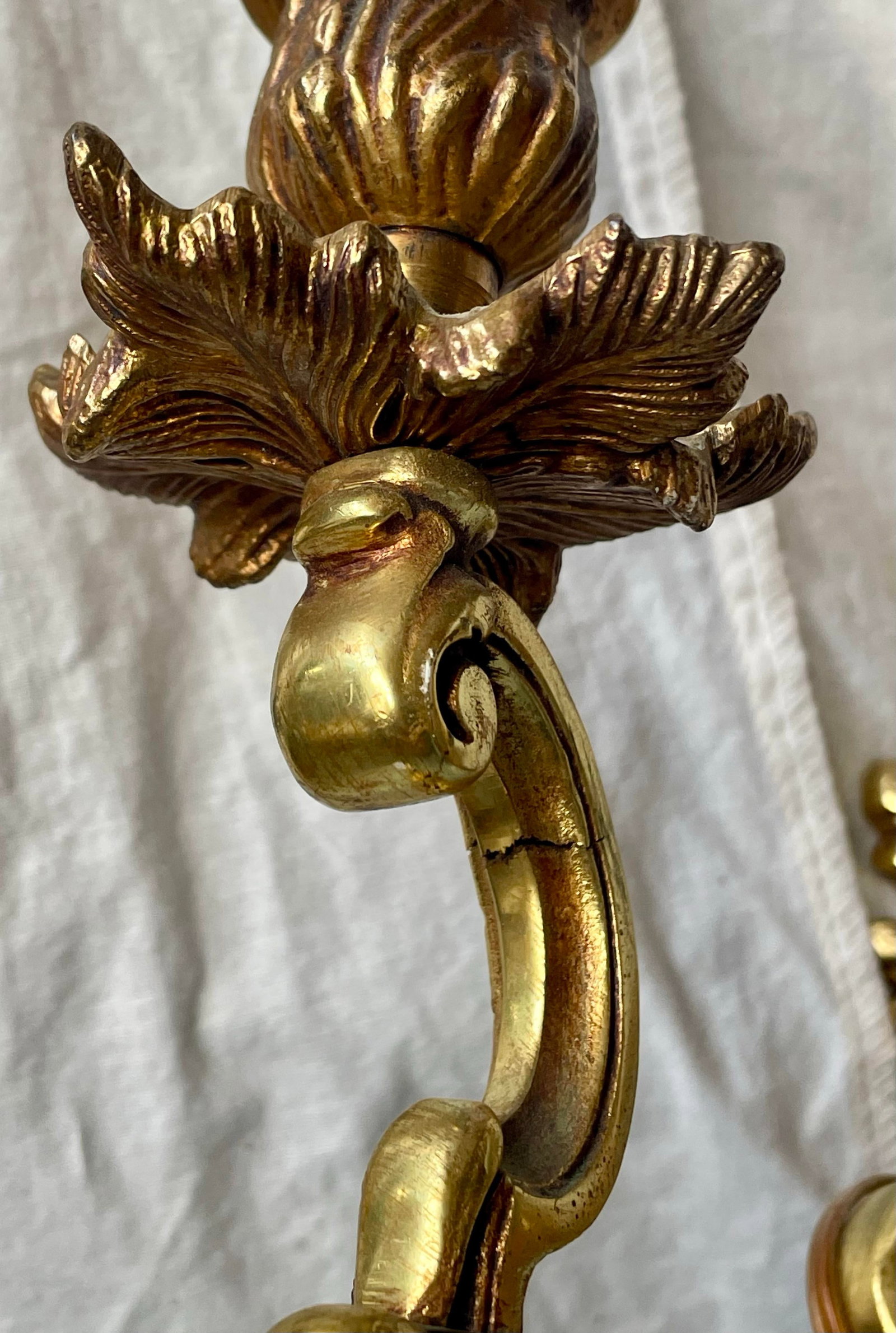 Mid 20th Century French Brass Acanthus Leaf Double Arm Single Arm Pair 3 Piece Sconce Set - 4