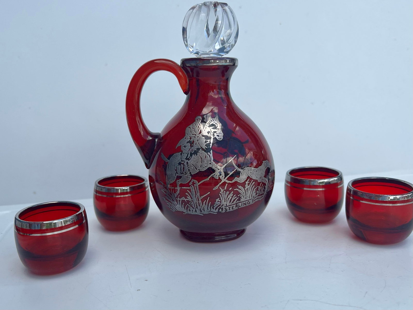Antique Ruby Red Glass Cordial Decanter & Tumbers Set With Sterling Silver Hunt Scene - 2
