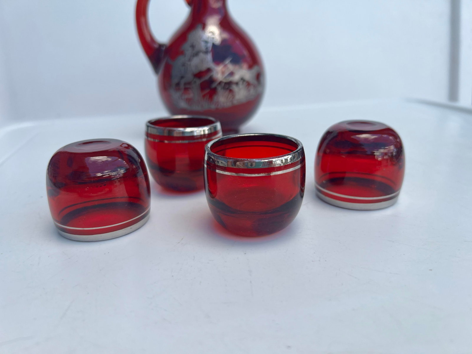Antique Ruby Red Glass Cordial Decanter & Tumbers Set With Sterling Silver Hunt Scene - 5