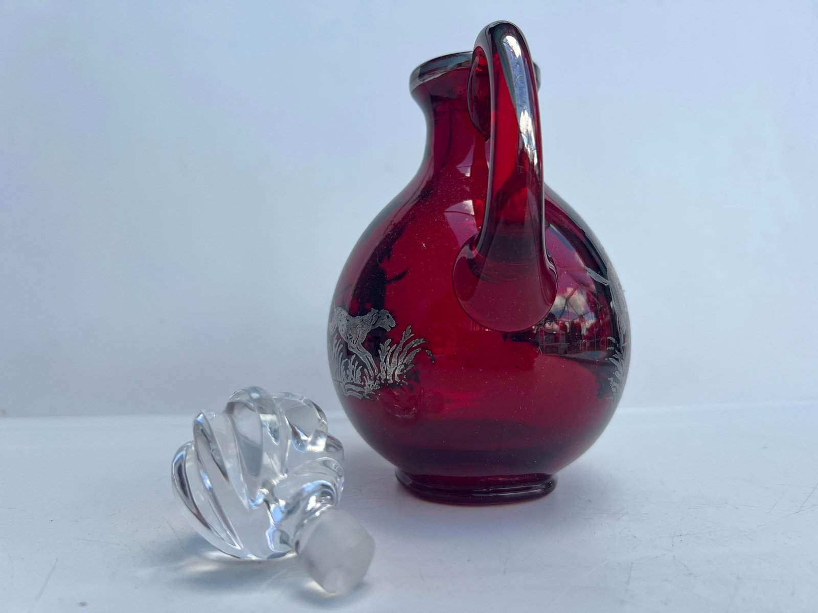 Antique Ruby Red Glass Cordial Decanter & Tumbers Set With Sterling Silver Hunt Scene - 9