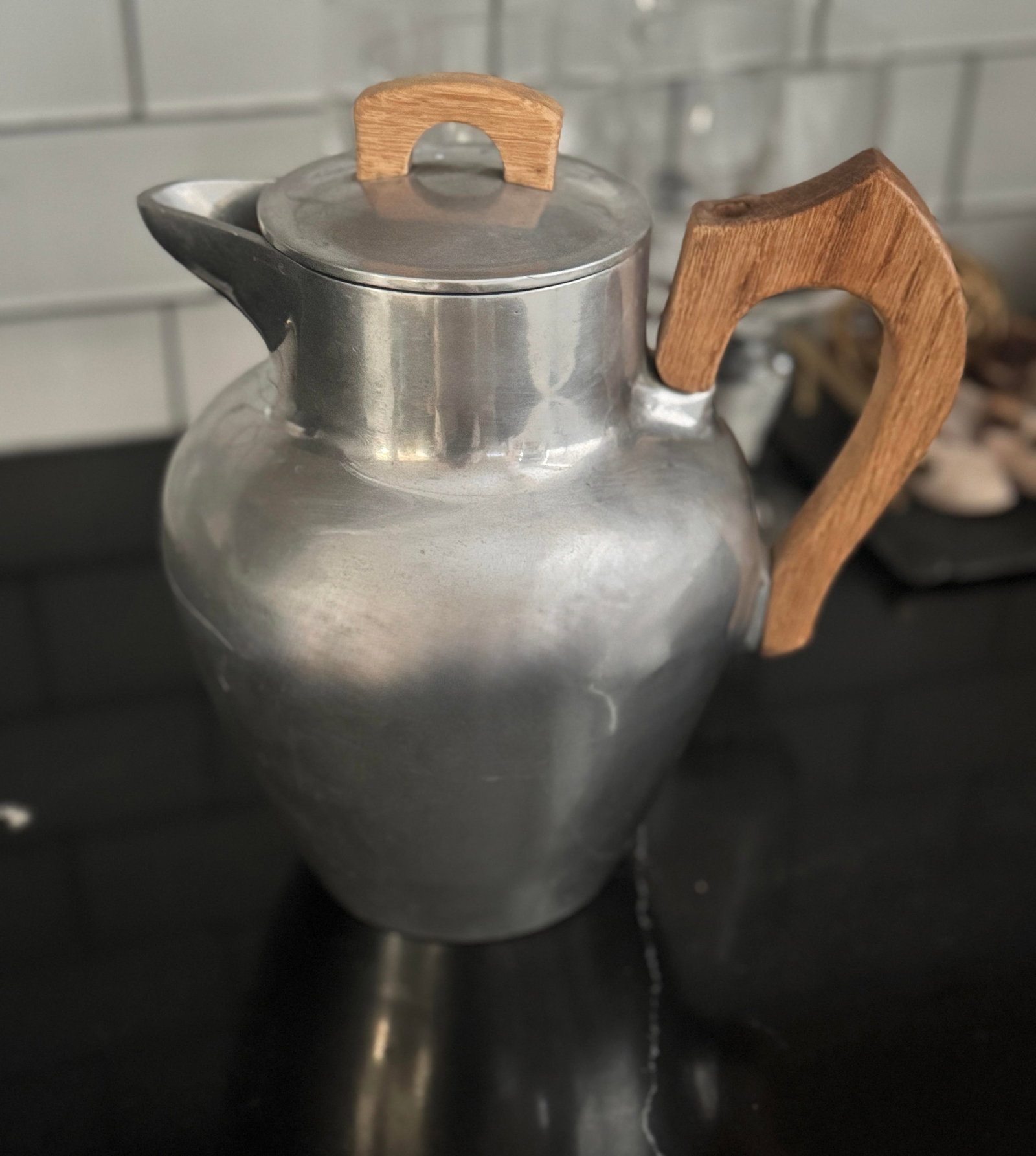 Rare Early Club Aluminum Sculptural Coffee Server "” Mascot Stamp, Carved Wood Handle, 1930s - 2