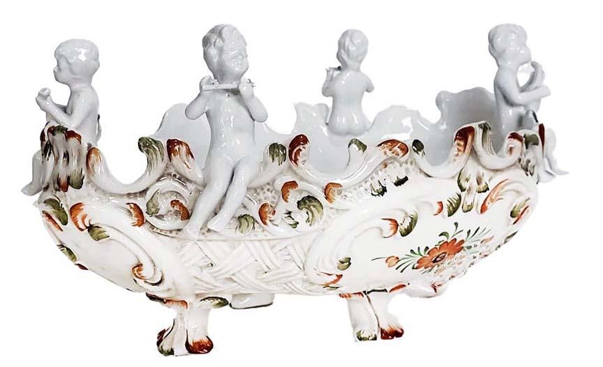 Large Capodimonte Porcelain Centerpiece Putti Cherub Figural Reticulated Centerpiece Bowl - Signed - - 7