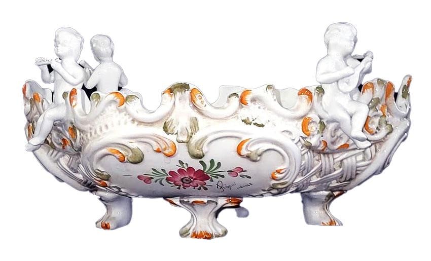 Large Capodimonte Porcelain Centerpiece Putti Cherub Figural Reticulated Centerpiece Bowl - Signed - - 8