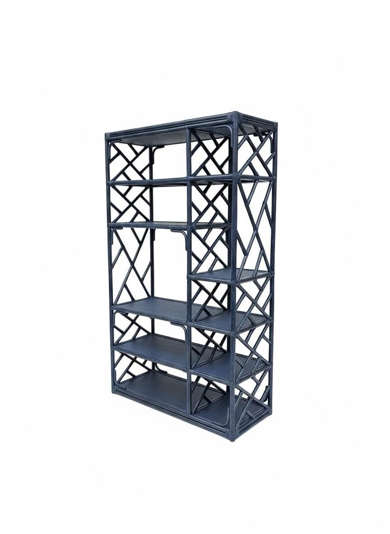 Vintage Turtle and Crane Bespoke Rattan Lapis Trellis Etagère | Hollywood Regency Chippendale - 2