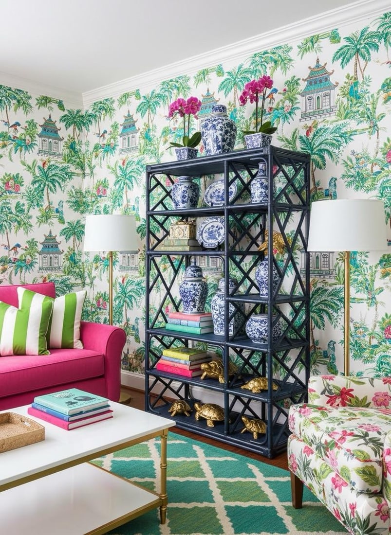 Vintage Turtle and Crane Bespoke Rattan Lapis Trellis Etagère | Hollywood Regency Chippendale - 3