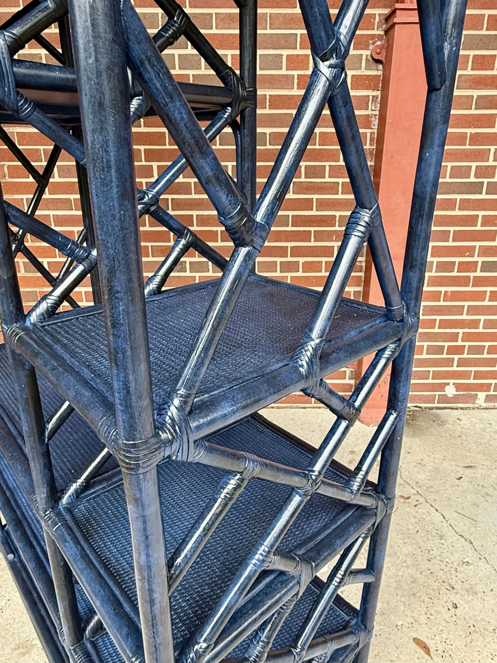 Vintage Turtle and Crane Bespoke Rattan Lapis Trellis Etagère | Hollywood Regency Chippendale - 7