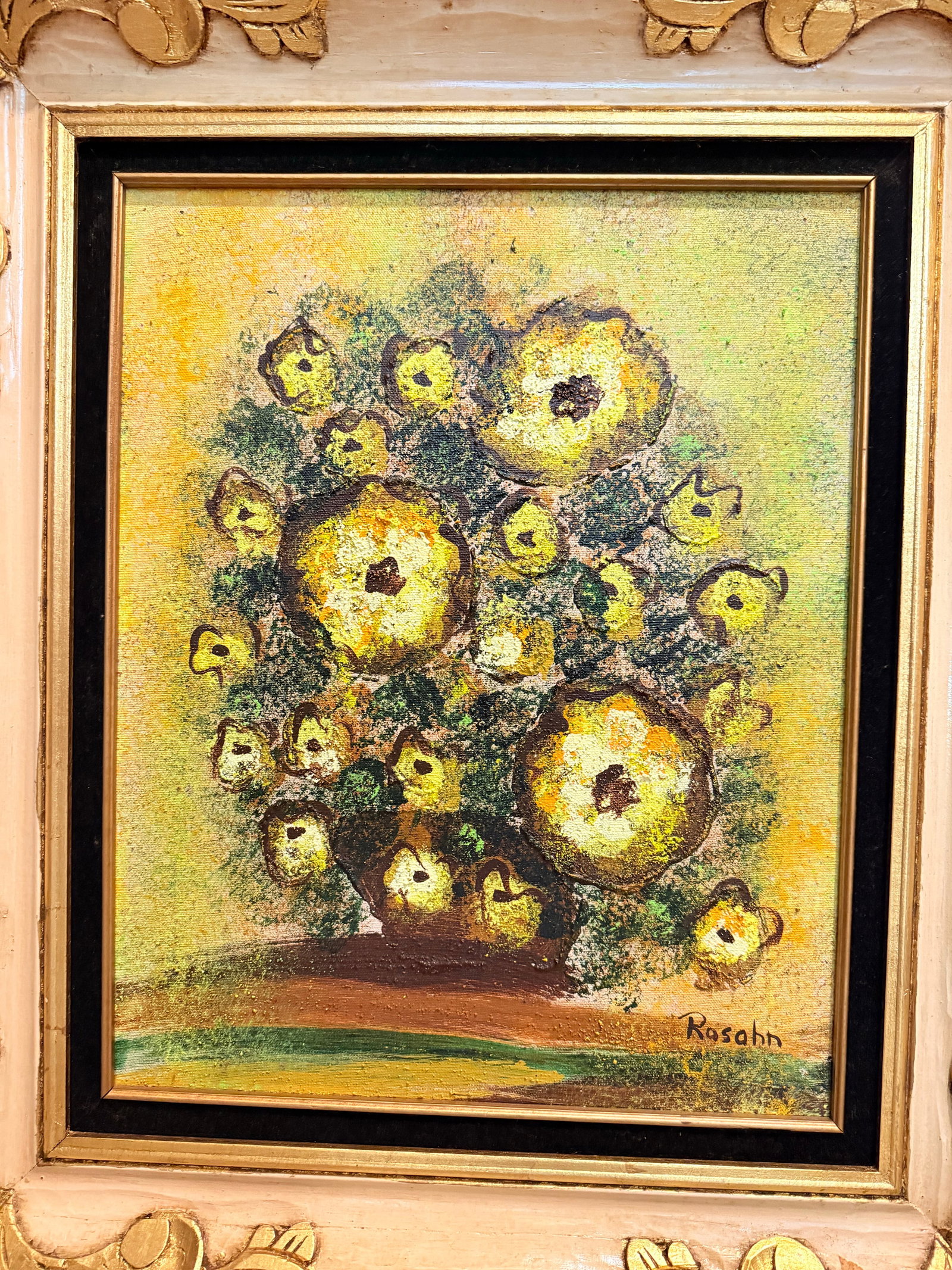 Monumental Mid-Century Impasto Floral Painting in Original Solid Carved Wood Hollywood Regency Frame - 5