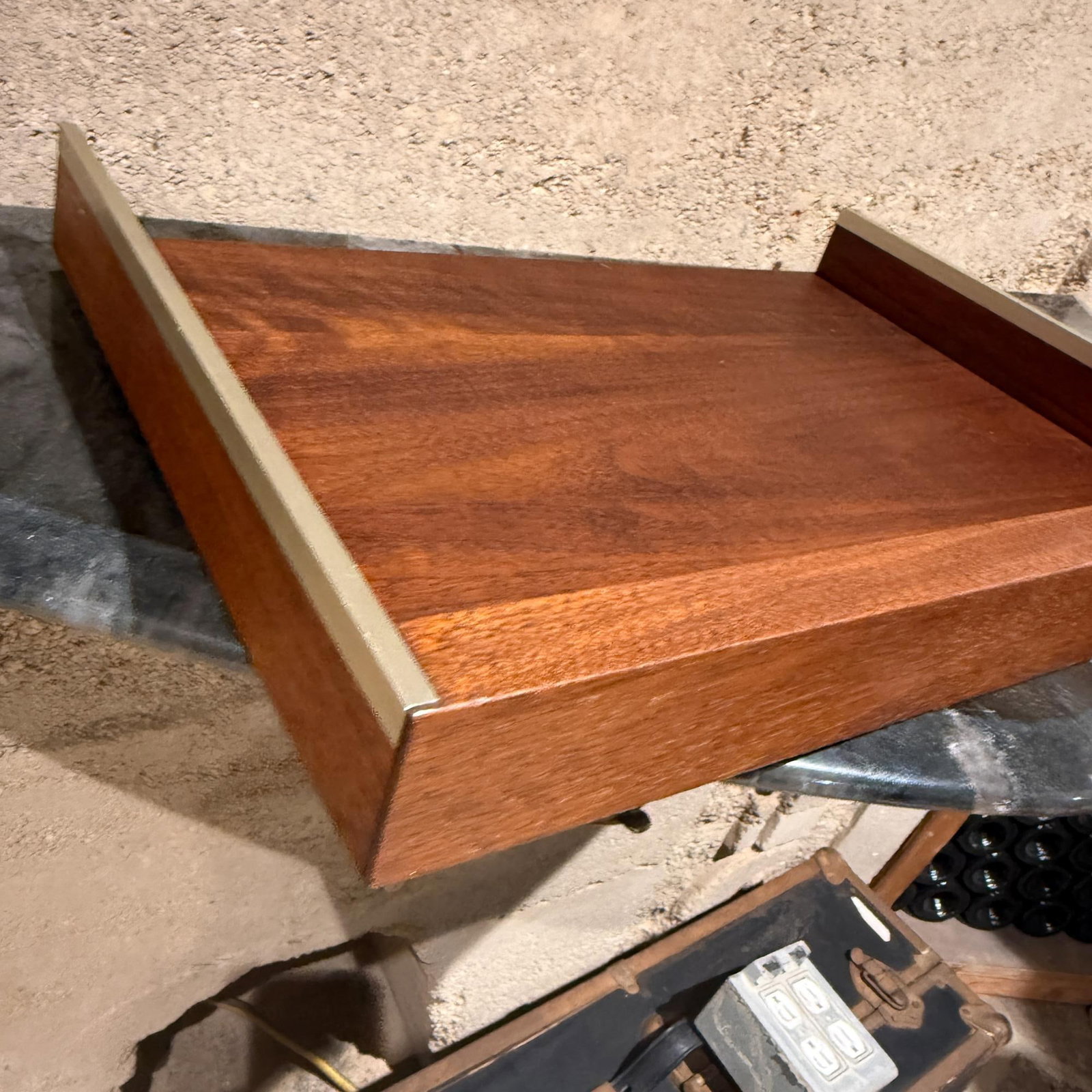 Mid-Century Modern Walnut & Aluminum Letter Tray Desk Accessory Qualiton - 12