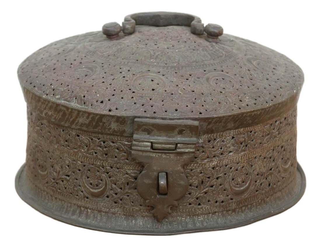 Large 14" Antique Indian Pierced Copper Box: This piece is a tactile treasure map. Every inch of the surface is covered in hand-chased geometric and floral engravings. It features a rich, dark patina that hovers between aged copper and bronze, w