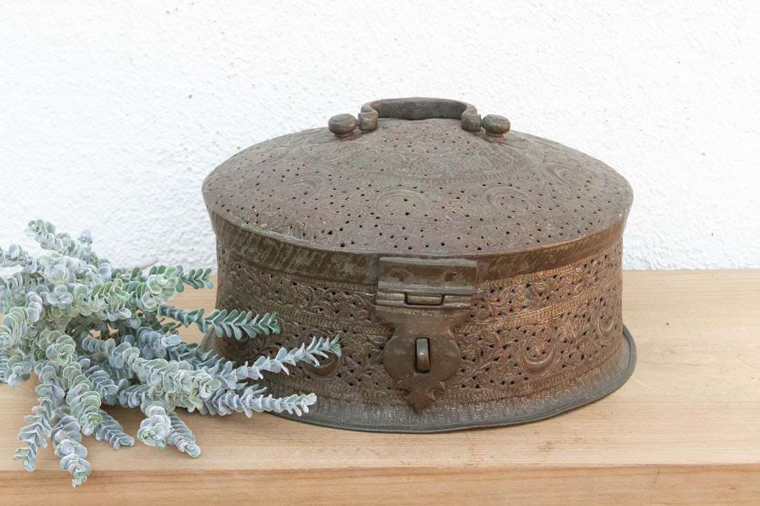 Large 14" Antique Indian Pierced Copper Box - 2