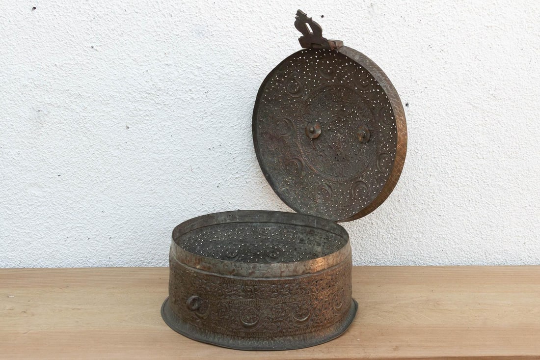 Large 14" Antique Indian Pierced Copper Box - 7