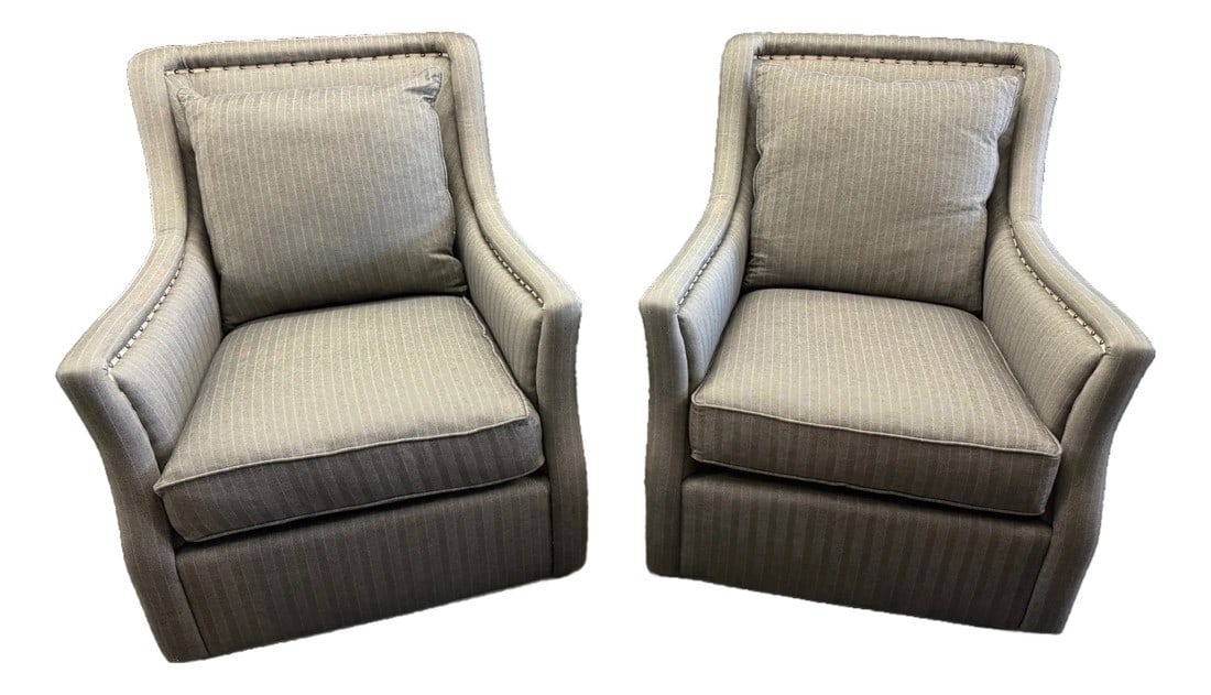 C R Laine Marcoux Swivel Chair - A Pair: Quick Hits Brand: C.R. Laine Piece: Marcoux Swivel Chair "” a Pair Style: Transitional with relaxed sophistication Materials: Upholstered seats with swivel bases (confirm fabric and base details