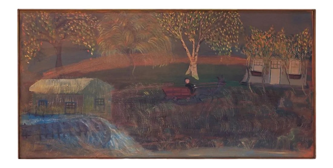 Outsider Art "Man in Carriage" Oil on Panel by Bruno Del Favero: Oil on panel depicting a man in a horse-drawn carriage by acclaimed outsider artist, Bruno Del Favero (b. Italy 1910, d. USA 1995), circa 1970. Fine example showcasing Del Favero's ability to construc
