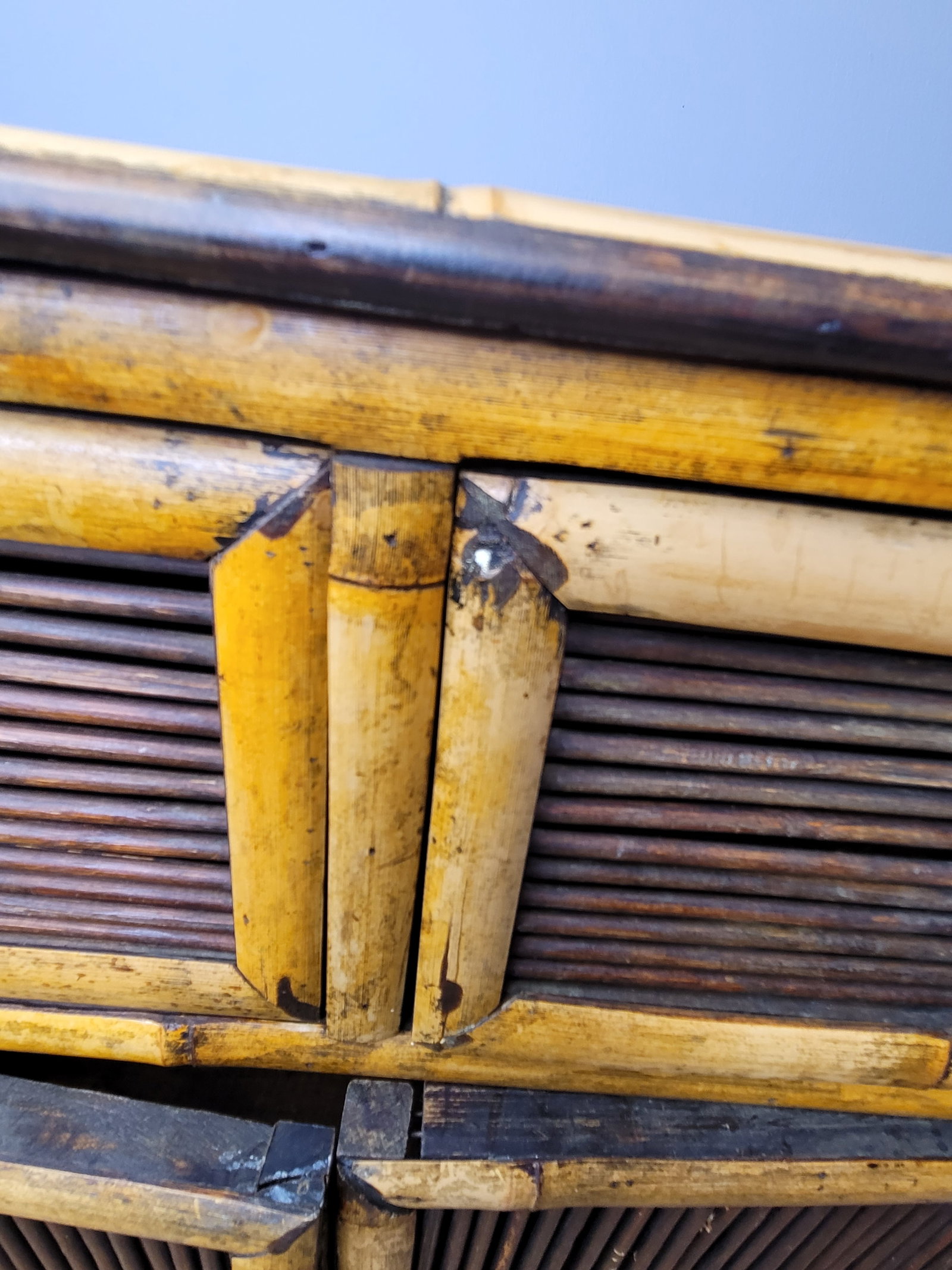 Pair of Vintage Burnt Tortoise Bamboo & Split Reed Cabinets - Late 20th Century Palm Beach Style - 11