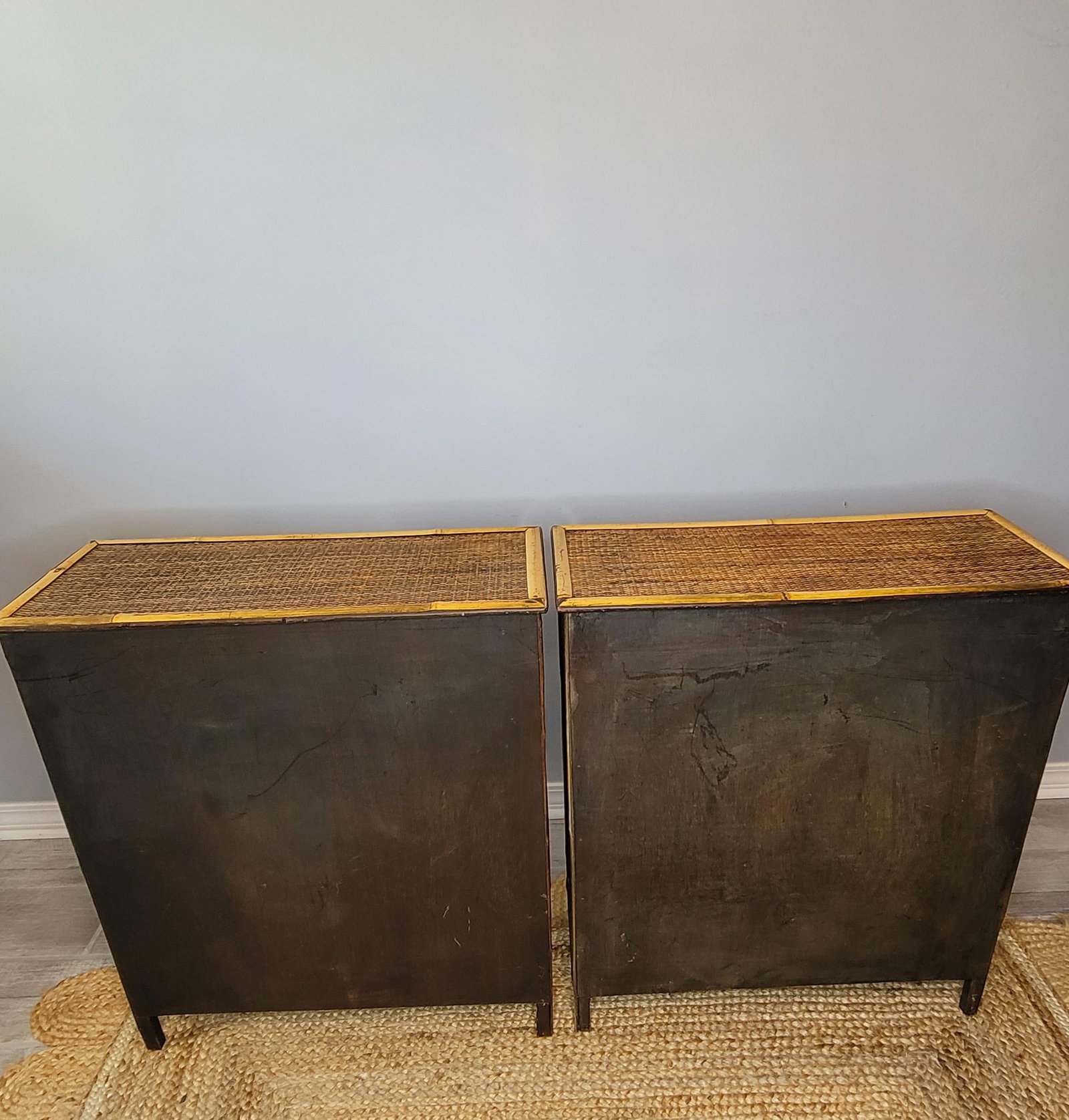 Pair of Vintage Burnt Tortoise Bamboo & Split Reed Cabinets - Late 20th Century Palm Beach Style - 3