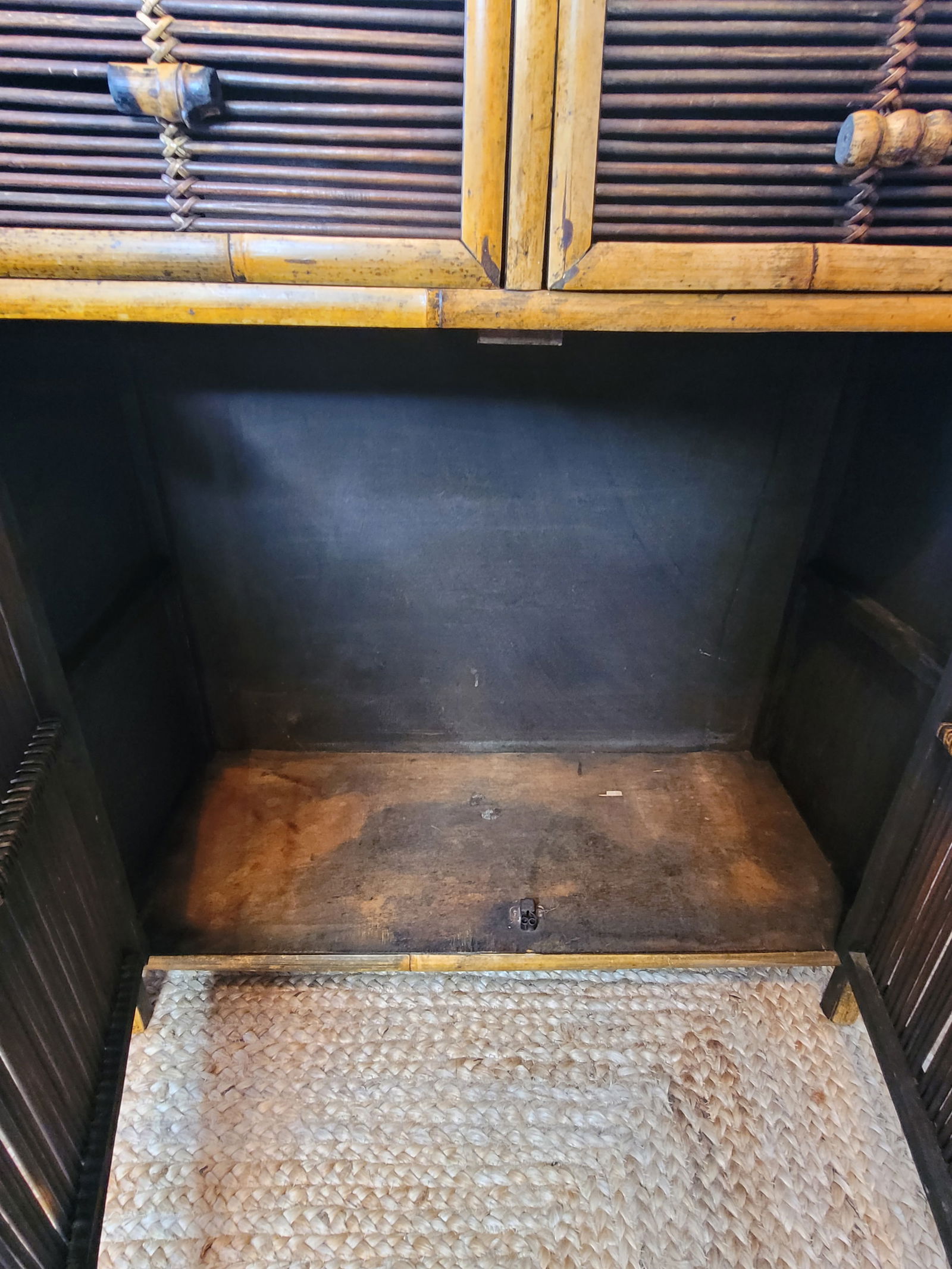 Pair of Vintage Burnt Tortoise Bamboo & Split Reed Cabinets - Late 20th Century Palm Beach Style - 7