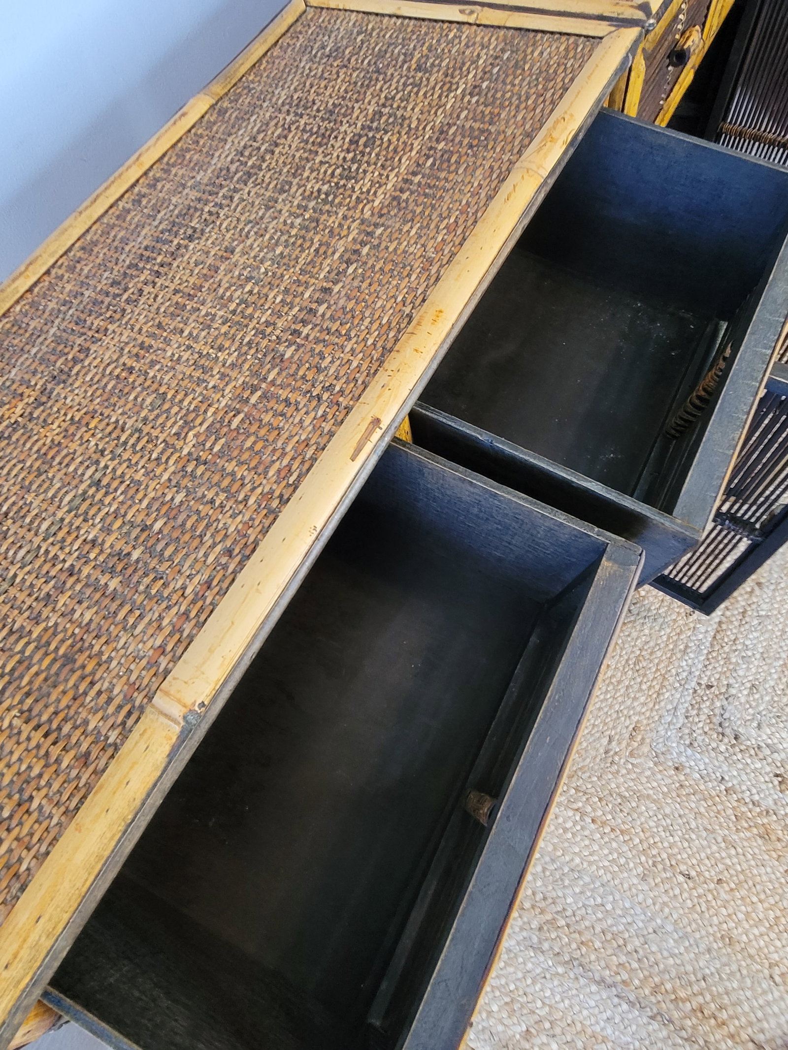 Pair of Vintage Burnt Tortoise Bamboo & Split Reed Cabinets - Late 20th Century Palm Beach Style - 9