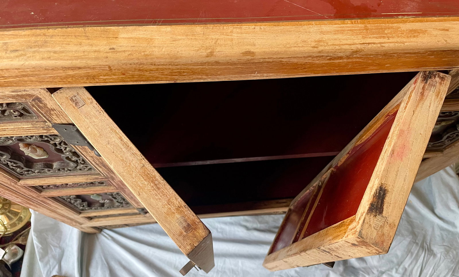 Mid 20th Century Asian Red Brown Sideboard/Cabinet Carved Wood Applied Hardstone Figural - 10