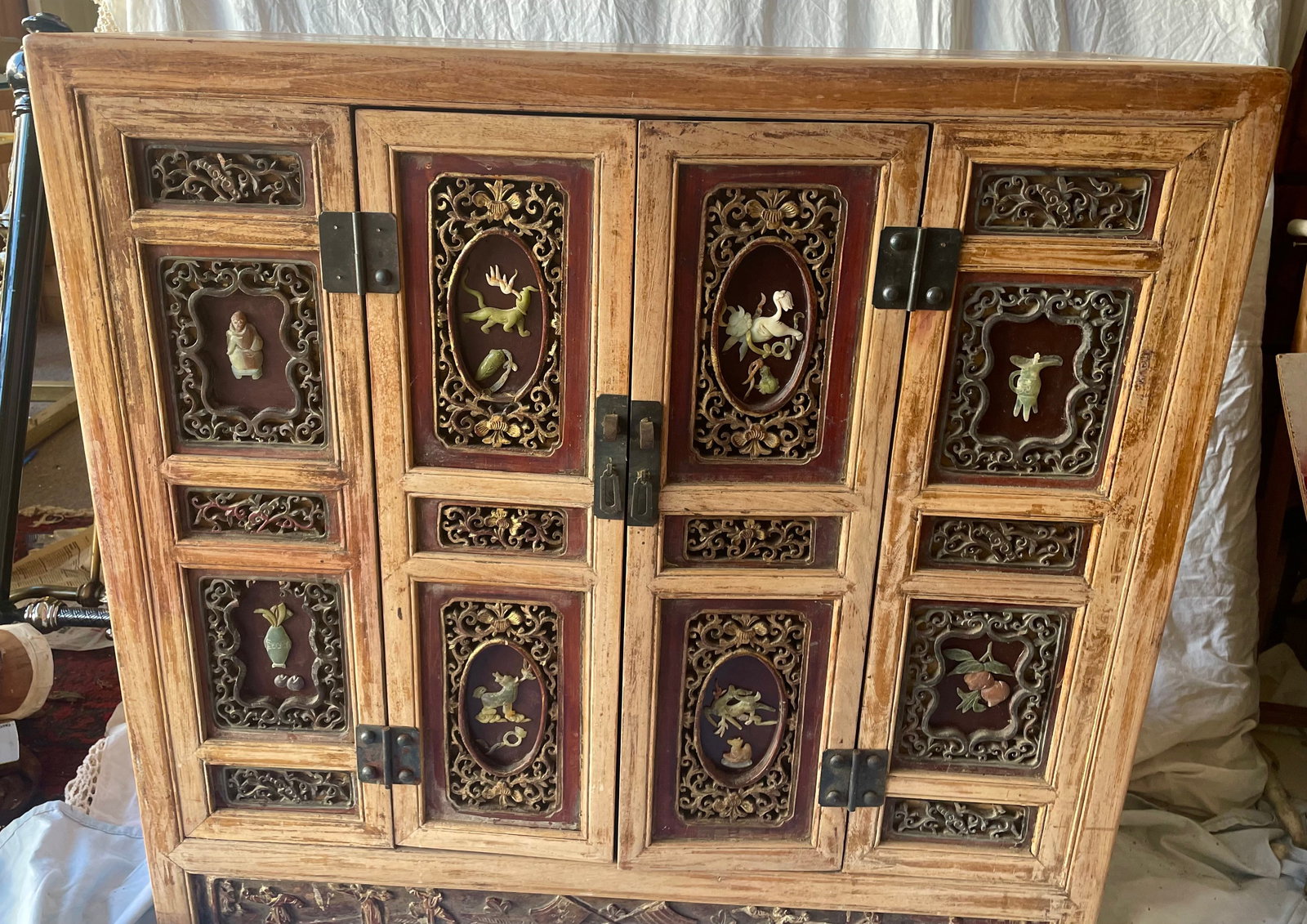 Mid 20th Century Asian Red Brown Sideboard/Cabinet Carved Wood Applied Hardstone Figural - 2