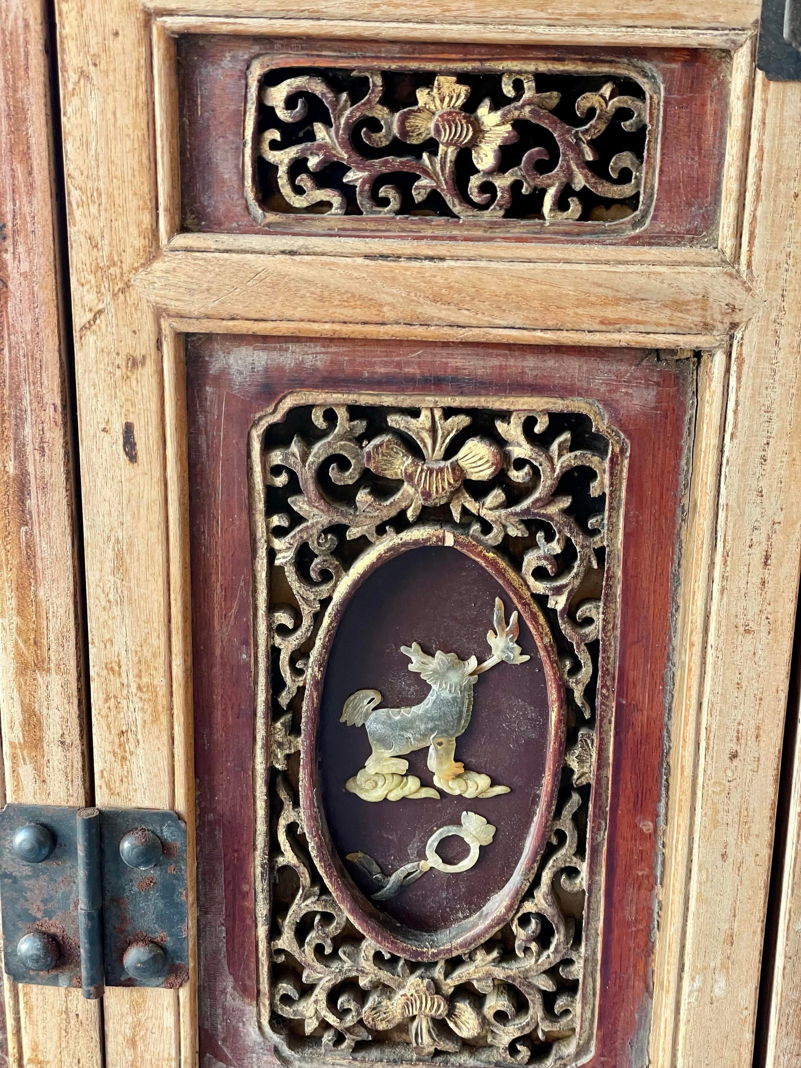 Mid 20th Century Asian Red Brown Sideboard/Cabinet Carved Wood Applied Hardstone Figural - 5