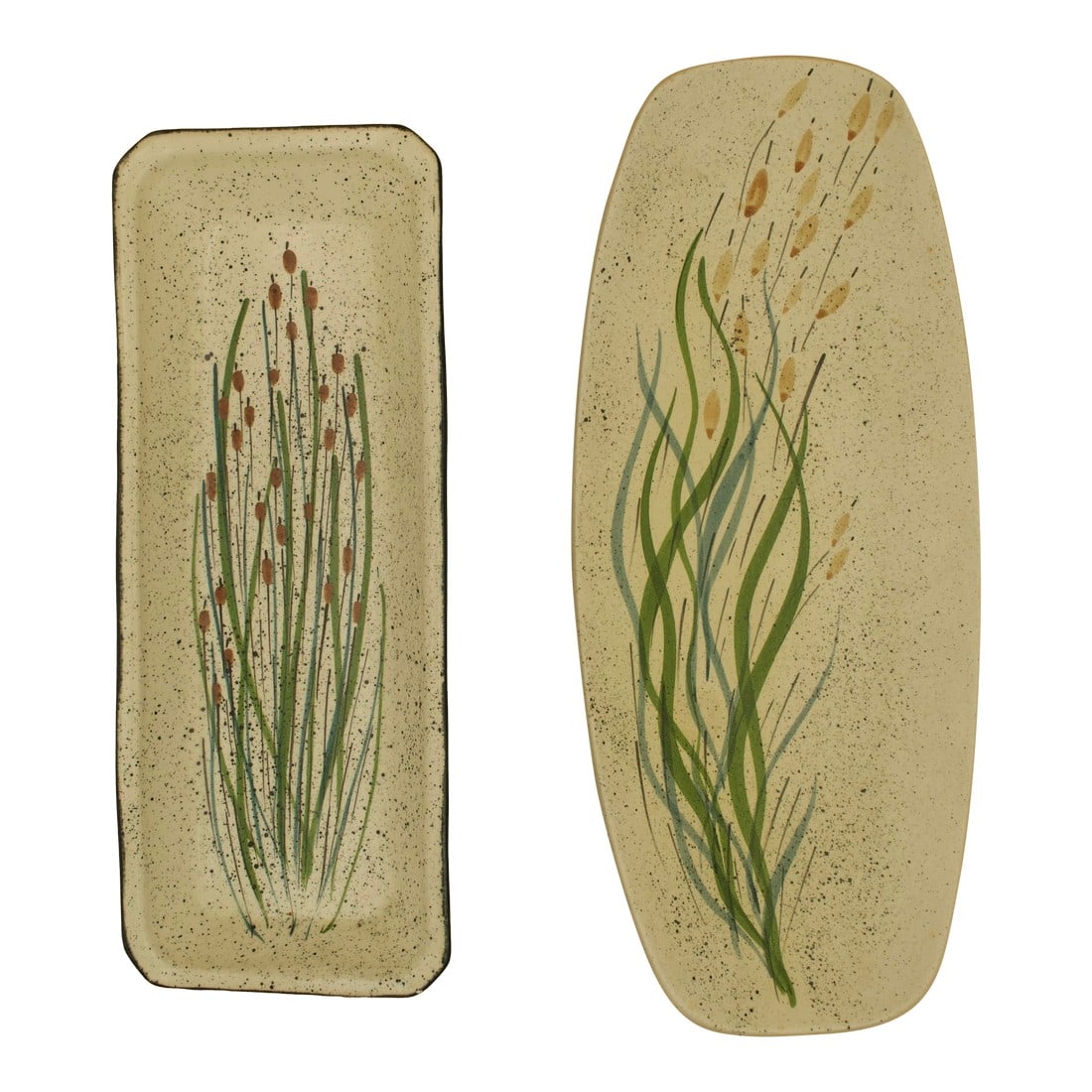 Pair of Signed Jobi Studio Pottery Platters, Mid-Century Modern, Cape Cod: A harmonious pair of mid-century studio pottery platters by Jobi Studio Pottery, produced on Cape Cod and signed to the underside. United by palette and hand, the two platters feature organic,