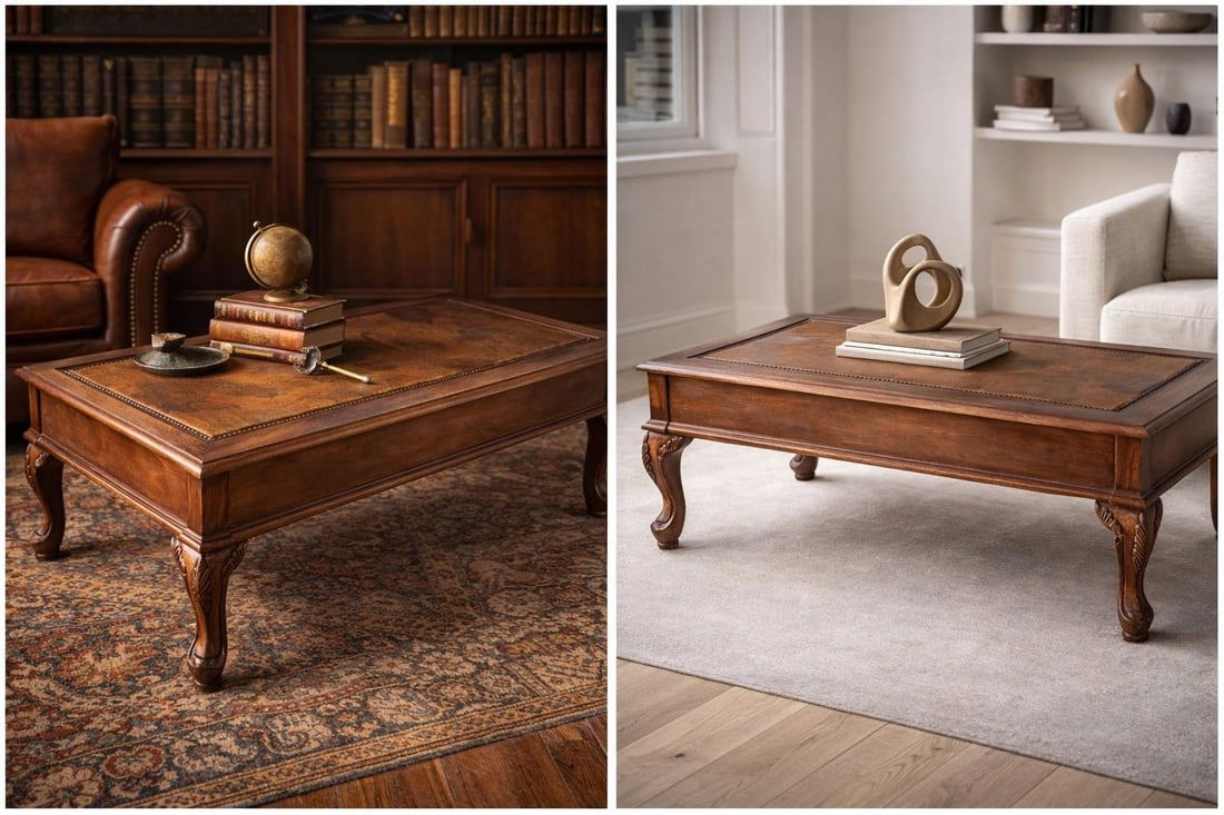 1970s Leather Top Coffee Table With World Map Motif and Carved Legs - 7