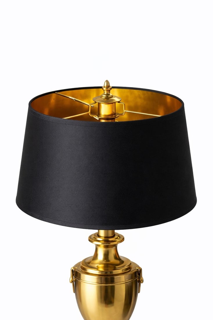 1960s Hollywood Regency Polished Brass Urn Table Lamp With Original Black Shade and Gold Interior - 3
