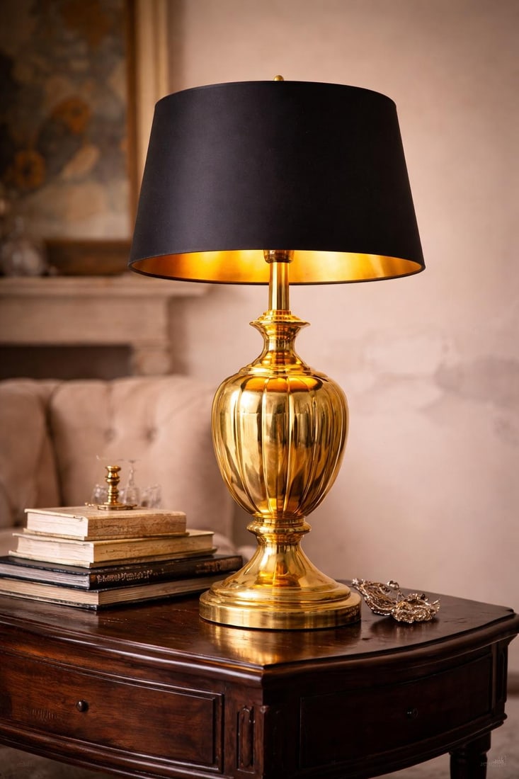 1960s Hollywood Regency Polished Brass Urn Table Lamp With Original Black Shade and Gold Interior - 5