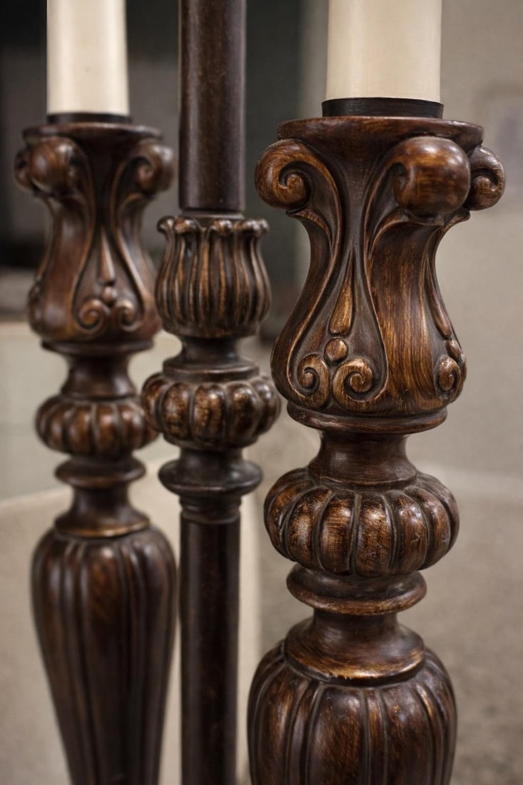 Pair of 1980s Neoclassical–Style Table Lamps With Ornate Cast Bases & Original Drum Shades - 4