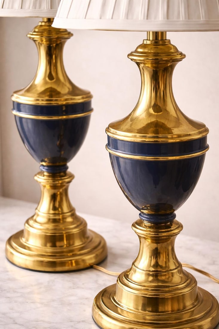 1970s Pair of Hollywood Regency Polished Brass Table Lamps With Navy Accents "” Elaine R. - 2