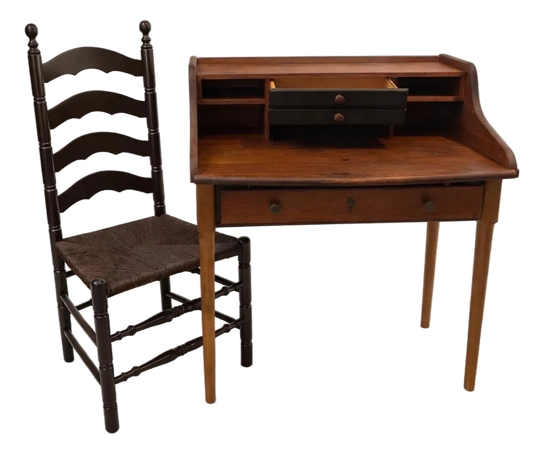 Early 20th Century Yield House Writing Desk With Original Woven-Seat Chair: This early 20th century Yield House writing desk is a beautifully preserved example of Early American and primitive-inspired design, valued for its modest scale, thoughtful utility, and honest craftsm