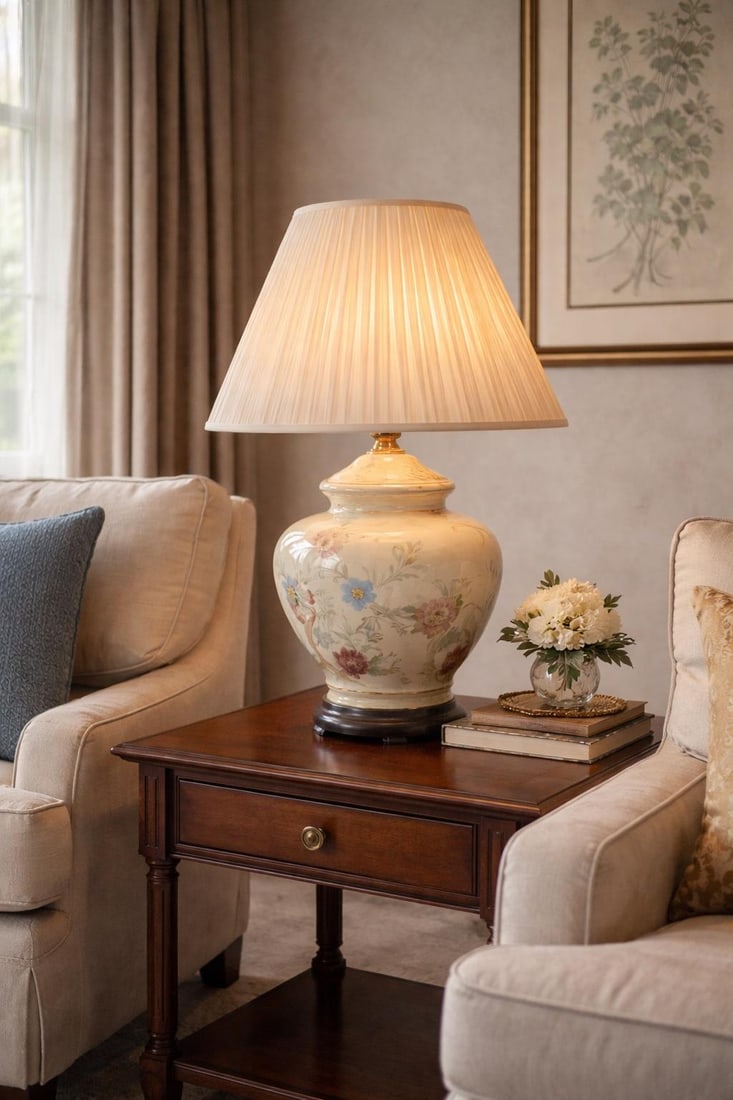 Vintage Floral Porcelain Table Lamp With Hand-Painted Botanical Motif and Wood Base - 4