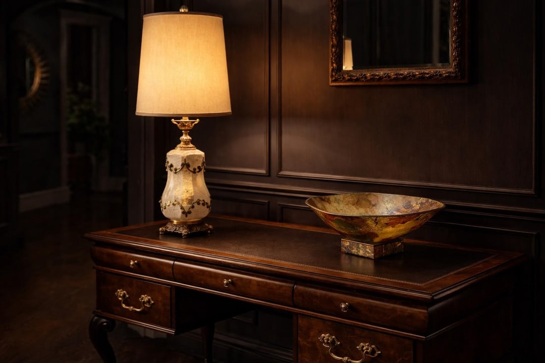 Stately 1950s Hollywood Regency Gilt & Hand-Decorated Glass Table Lamp "” Elaine R. Estate - 6