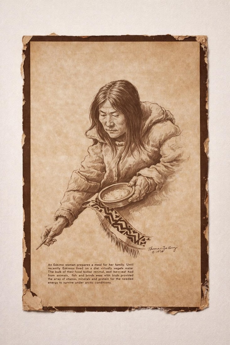Set of Three Signed 1972 Inuit-Themed Sepia Prints on Aged Paper "” Authentic Patina, Designer - 2
