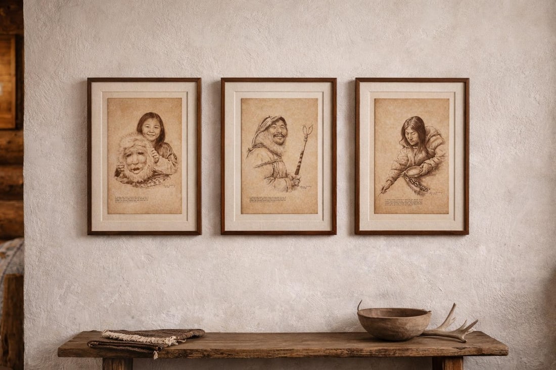 Set of Three Signed 1972 Inuit-Themed Sepia Prints on Aged Paper "” Authentic Patina, Designer - 7