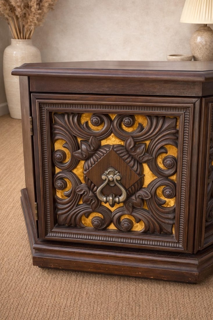 Vintage Hollywood Regency Hexagonal Carved Wood Accent Cabinet With Velvet Panels, C. 1970s | Elaine - 3