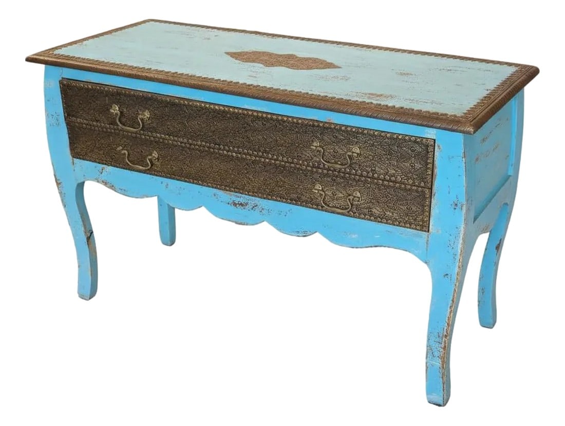 1990s Distressed Blue Wooden Console Accented With Hand Hammered Brass Foil: Dimensions: 42" W x 16"D x 29"H This stunning vintage console table from India is a true statement piece, blending rich heritage craftsmanship with timeless elegance. Crafted from solid wood and finis