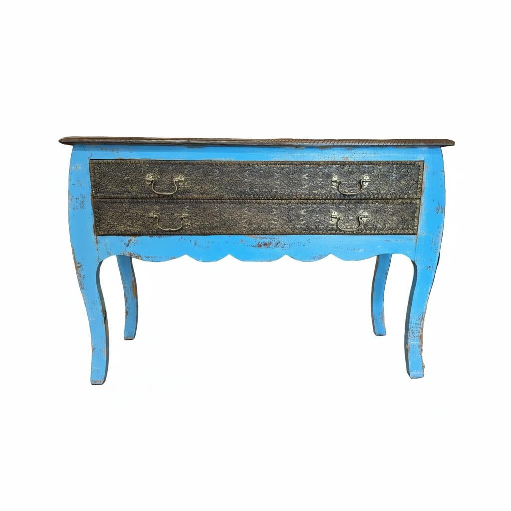1990s Distressed Blue Wooden Console Accented With Hand Hammered Brass Foil - 3
