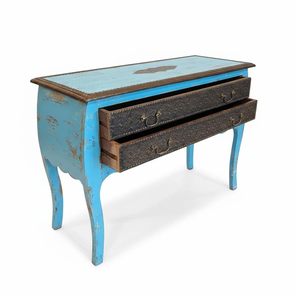 1990s Distressed Blue Wooden Console Accented With Hand Hammered Brass Foil - 4
