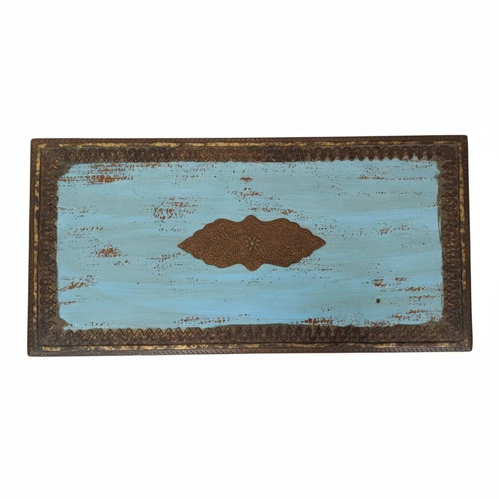 1990s Distressed Blue Wooden Console Accented With Hand Hammered Brass Foil - 5