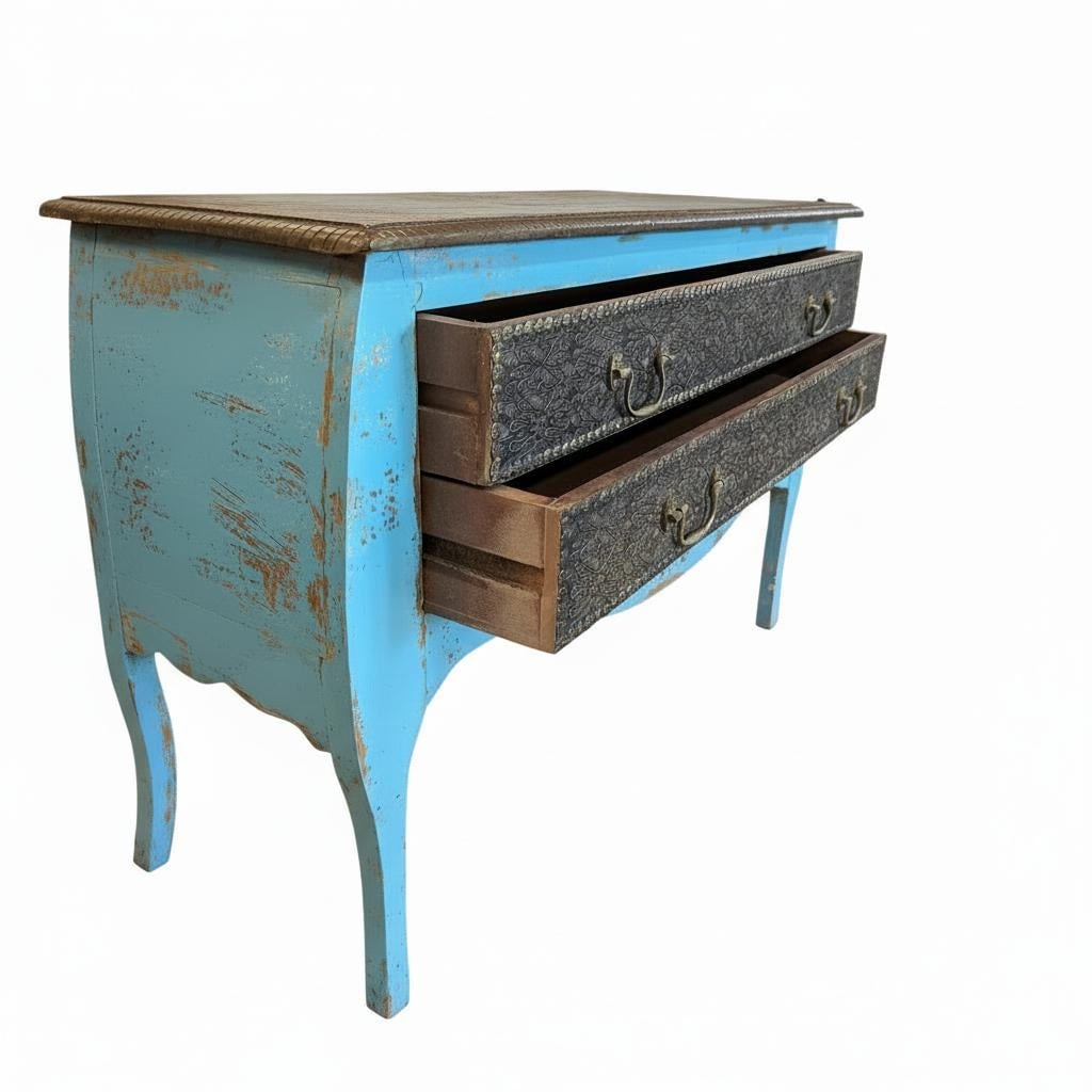 1990s Distressed Blue Wooden Console Accented With Hand Hammered Brass Foil - 7