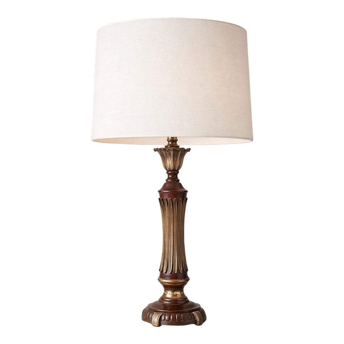 Vintage Fluted Column Table Lamp With Original Linen Shade: Classic vintage table lamp with a richly toned, fluted column body, original linen drum shade, and elegant turned finial"”substantial, well-made, and full of timeless character. â¸