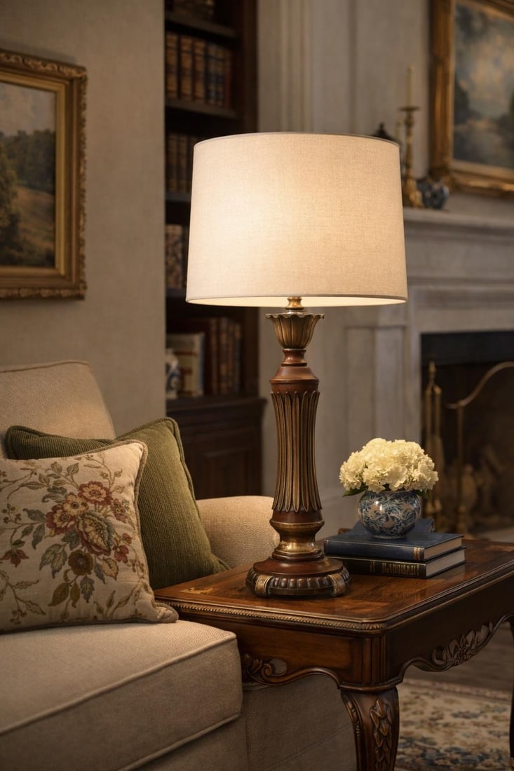 Vintage Fluted Column Table Lamp With Original Linen Shade - 2