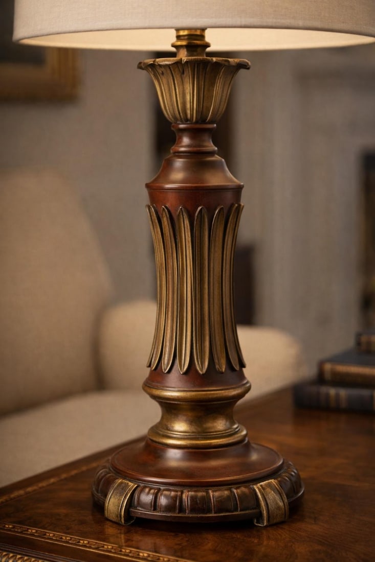 Vintage Fluted Column Table Lamp With Original Linen Shade - 3