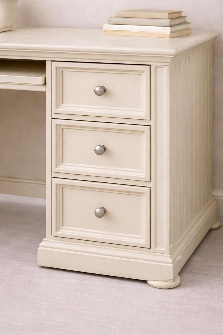 Cream Painted Writing Desk With Pull-Out Keyboard Tray and Solid Wood Chair, Late 20th Century - 5