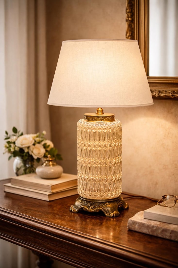 Vintage Cut Crystal & Gilt Bronze Table Lamp With Custom Neutral Linen Shade - 2